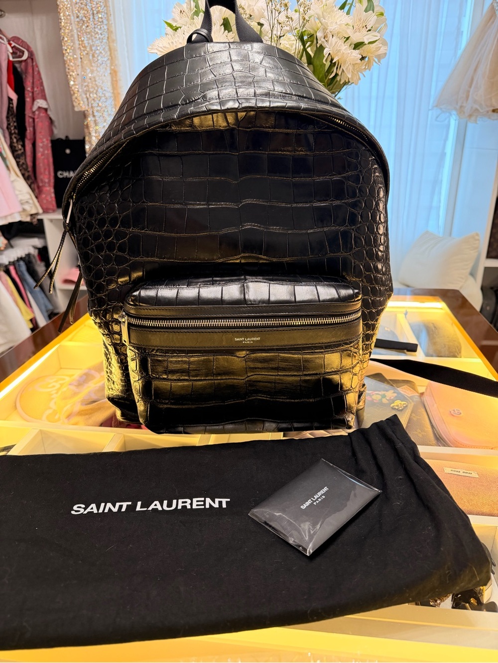 Saint Laurent Black Croc-Embossed Leather Backpack with Front Zip Pocket